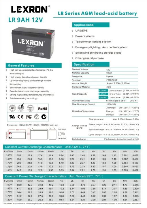 Lexron 12V 9Ah Kuru Tip (AGM) Akü